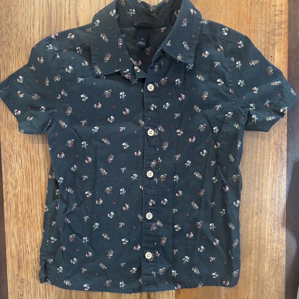Art Class Button Down Shirt Collared Short Sleeve Black Floral Print 3T Boys